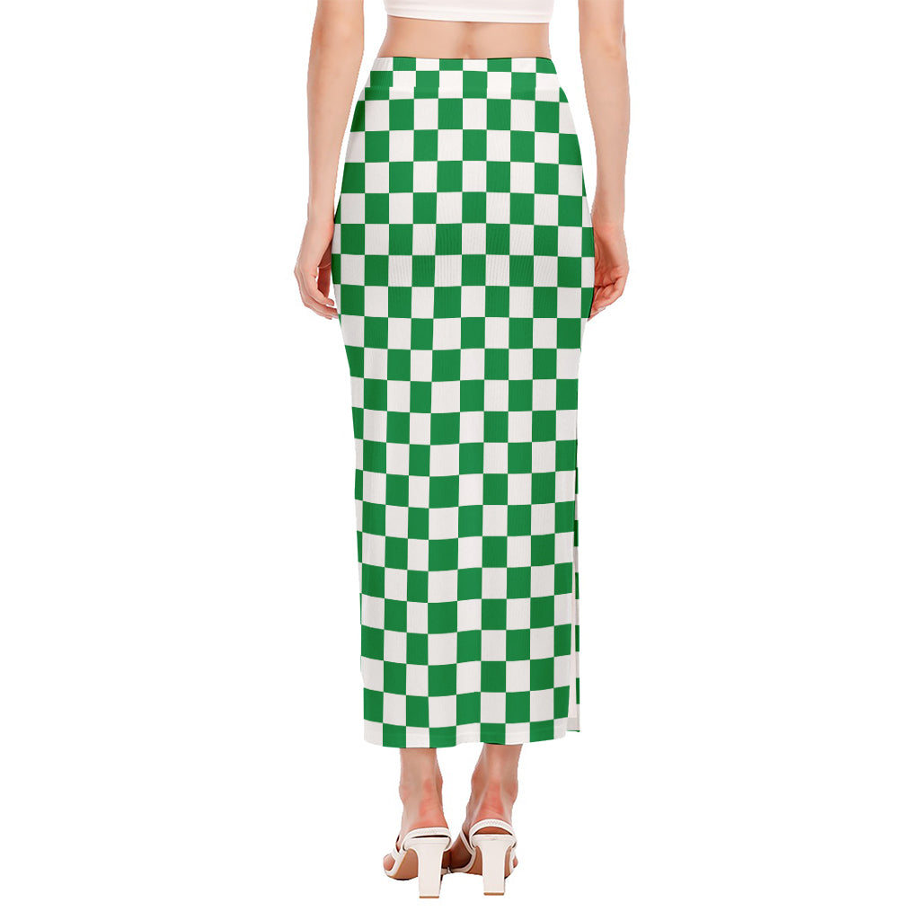 Green And White Checkered Pattern Print Side Slit Maxi Skirt