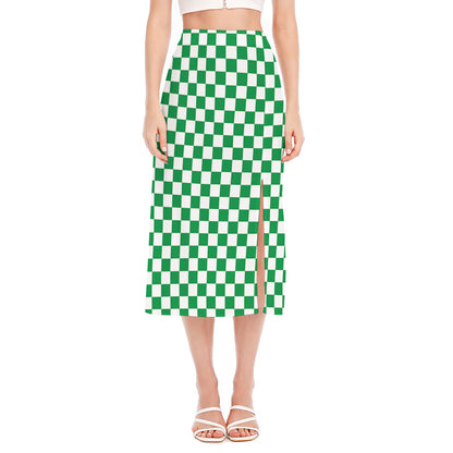 Green And White Checkered Pattern Print Side Slit Midi Skirt