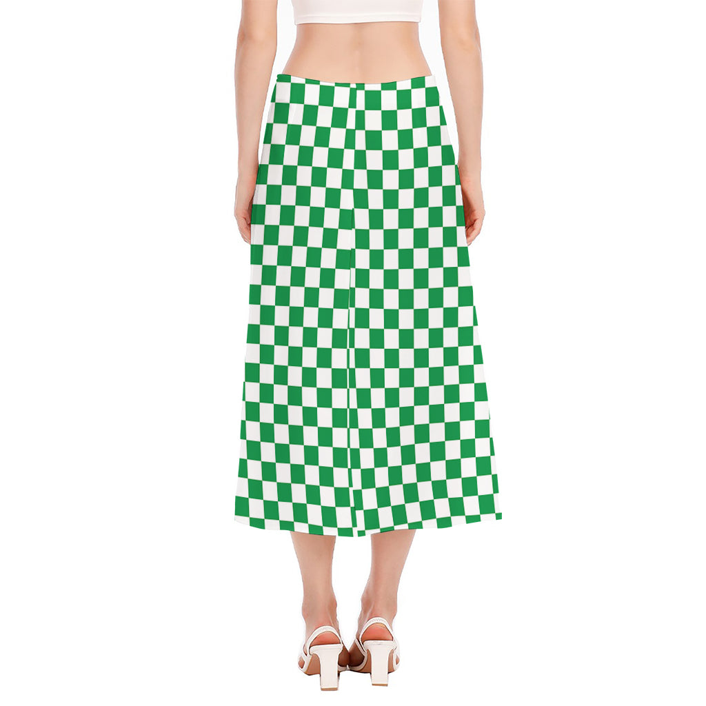 Green And White Checkered Pattern Print Side Slit Midi Skirt