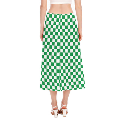 Green And White Checkered Pattern Print Side Slit Midi Skirt