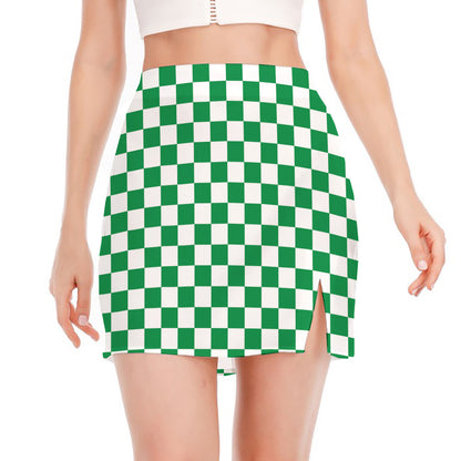 Green And White Checkered Pattern Print Side Slit Mini Skirt