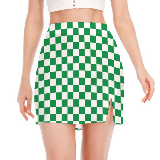 Green And White Checkered Pattern Print Side Slit Mini Skirt