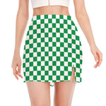 Green And White Checkered Pattern Print Side Slit Mini Skirt
