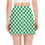 Green And White Checkered Pattern Print Side Slit Mini Skirt