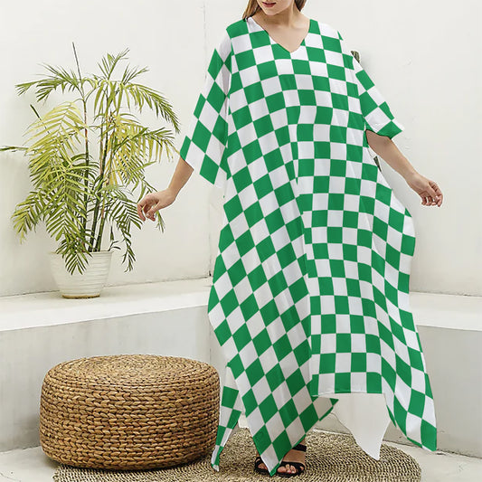 Green And White Checkered Pattern Print Silk V-Neck Kaftan Dress