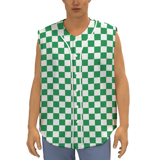 Green And White Checkered Pattern Print Sleeveless Baseball Jersey