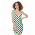 Green And White Checkered Pattern Print Sleeveless Bodycon Dress