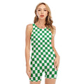 Green And White Checkered Pattern Print Sleeveless One Piece Swimsuit
