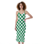 Green And White Checkered Pattern Print Slim Fit Midi Cami Dress