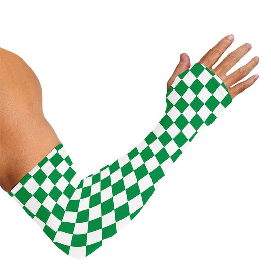 Green And White Checkered Pattern Print Sun Protection Arm Sleeves