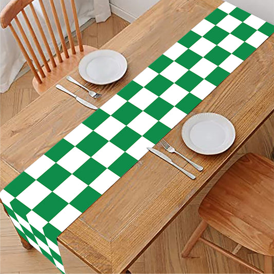 Green And White Checkered Pattern Print Table Runner