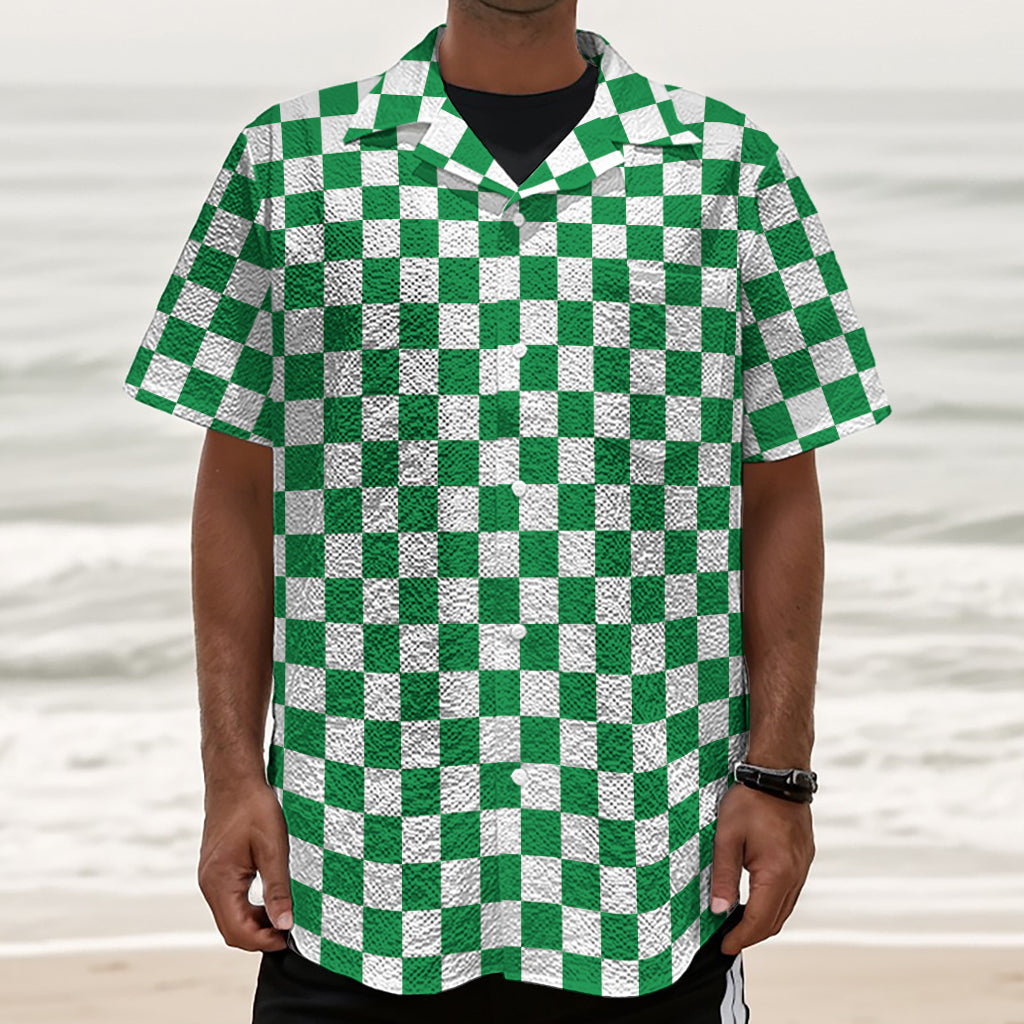 Green And White Checkered Pattern Print Textured Short Sleeve Shirt