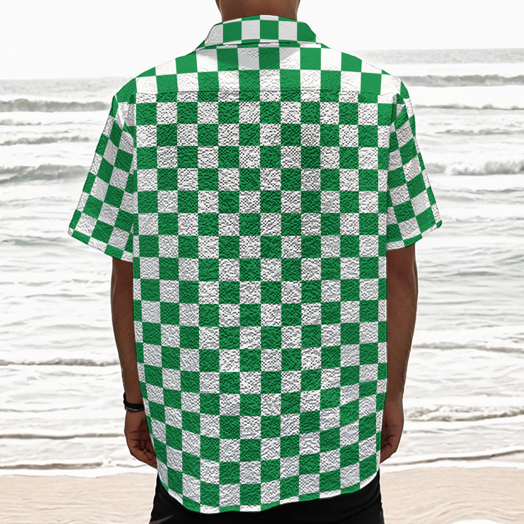 Green And White Checkered Pattern Print Textured Short Sleeve Shirt