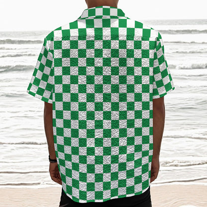 Green And White Checkered Pattern Print Textured Short Sleeve Shirt