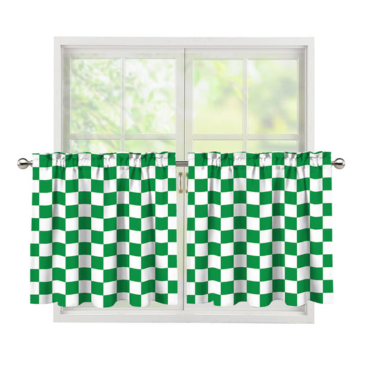 Green And White Checkered Pattern Print Tier Curtains