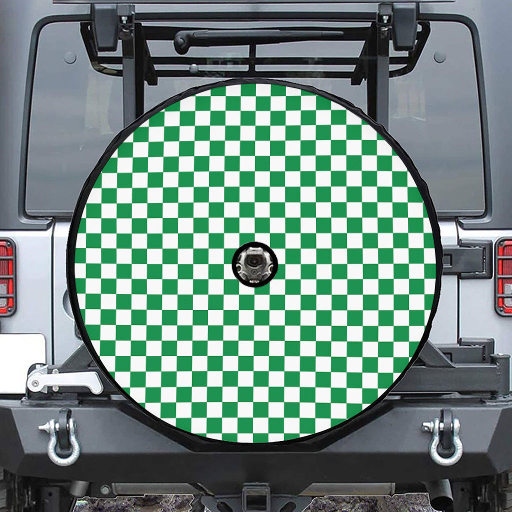 Green And White Checkered Pattern Print Tire Cover With Camera Hole