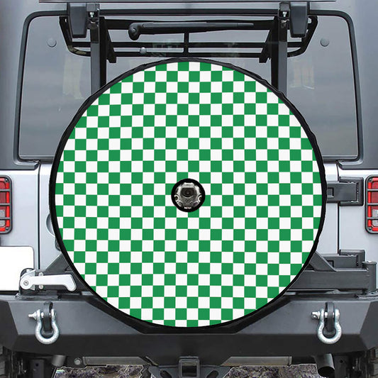 Green And White Checkered Pattern Print Tire Cover With Camera Hole