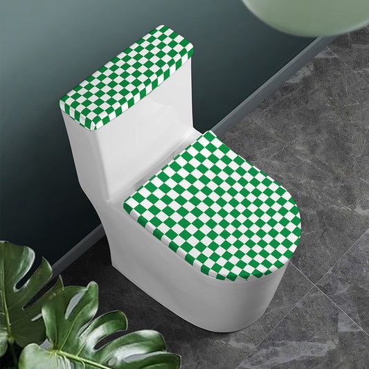 Green And White Checkered Pattern Print Toilet Lid And Tank Cover Set