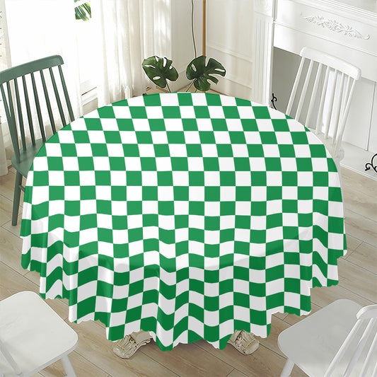 Green And White Checkered Pattern Print Waterproof Round Tablecloth