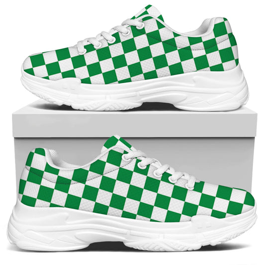 Green And White Checkered Pattern Print White Chunky Shoes