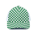 Green And White Checkered Pattern Print White Mesh Trucker Hat
