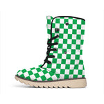 Green And White Checkered Pattern Print Winter Boots