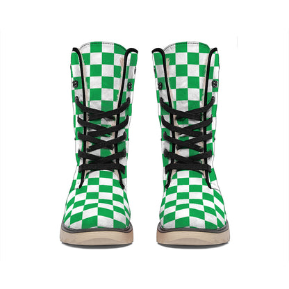 Green And White Checkered Pattern Print Winter Boots