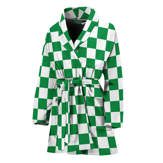 Green And White Checkered Pattern Print Women's Bathrobe