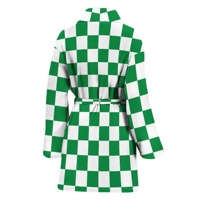 Green And White Checkered Pattern Print Women's Bathrobe