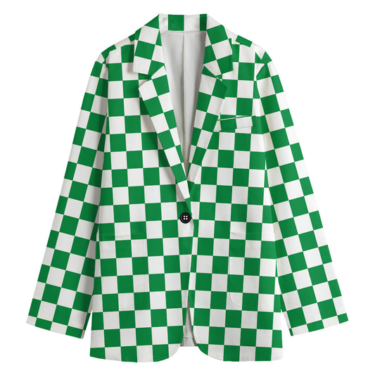Green And White Checkered Pattern Print Women's Blazer
