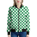 Green And White Checkered Pattern Print Women's Bomber Jacket