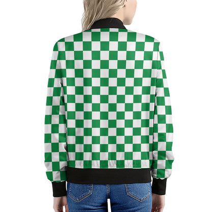 Green And White Checkered Pattern Print Women's Bomber Jacket