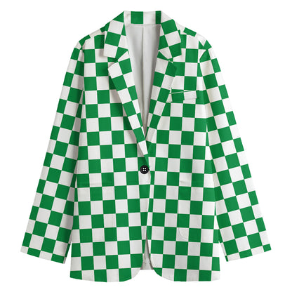 Green And White Checkered Pattern Print Women's Cotton Blazer