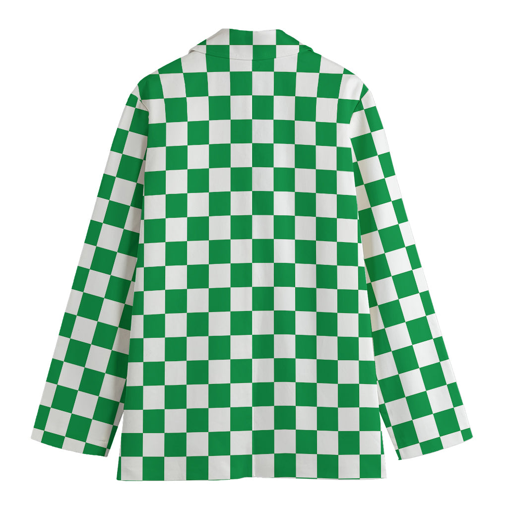 Green And White Checkered Pattern Print Women's Cotton Blazer