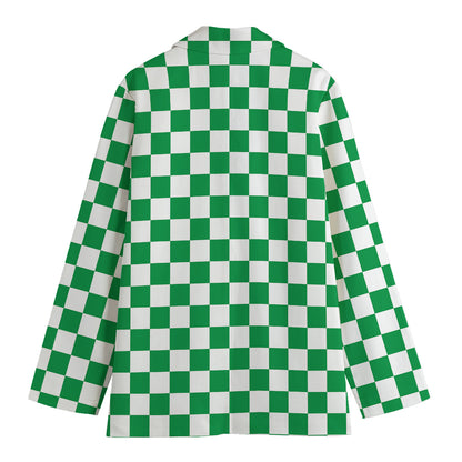 Green And White Checkered Pattern Print Women's Cotton Blazer