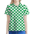 Green And White Checkered Pattern Print Women's Polo Shirt