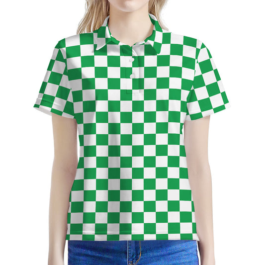 Green And White Checkered Pattern Print Women's Polo Shirt