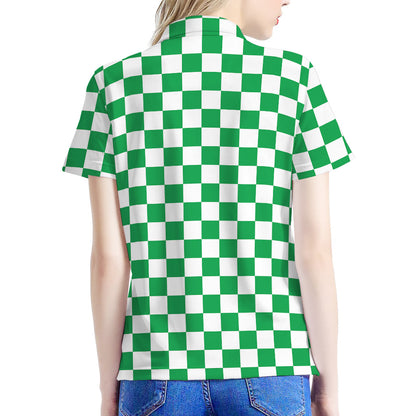 Green And White Checkered Pattern Print Women's Polo Shirt