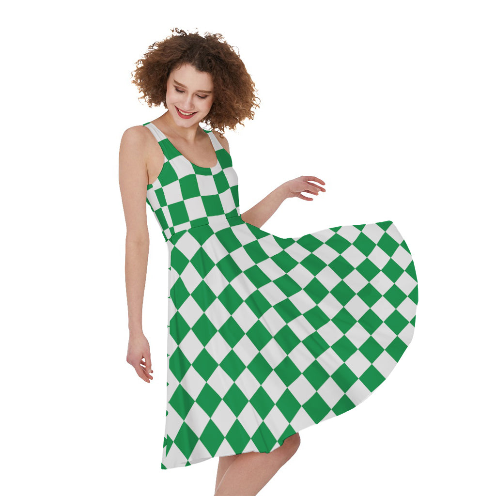 Green And White Checkered Pattern Print Women's Sleeveless Dress