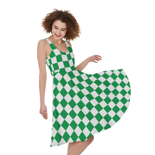 Green And White Checkered Pattern Print Women's Sleeveless Dress