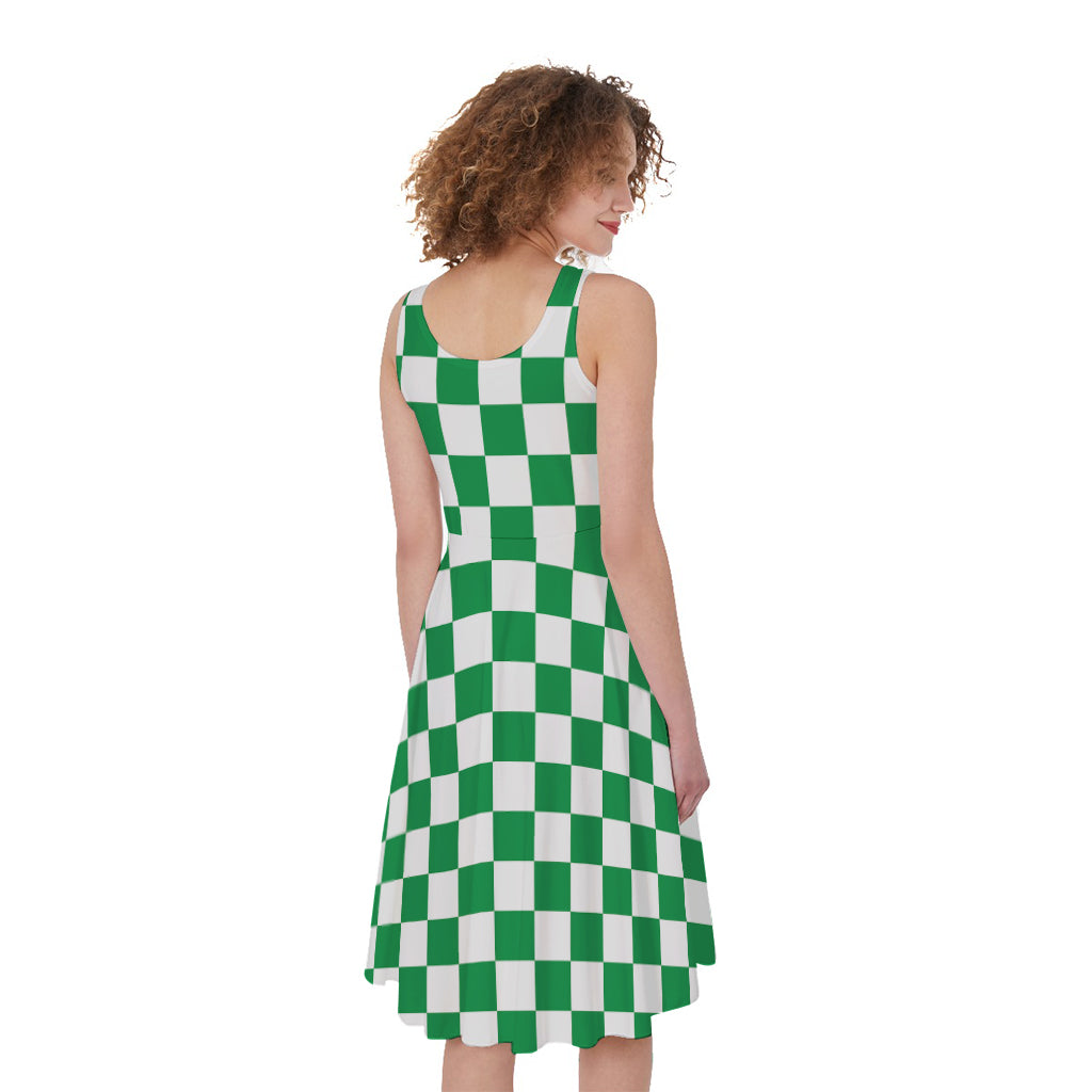 Green And White Checkered Pattern Print Women's Sleeveless Dress