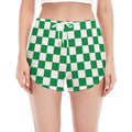 Green And White Checkered Pattern Print Women's Split Running Shorts