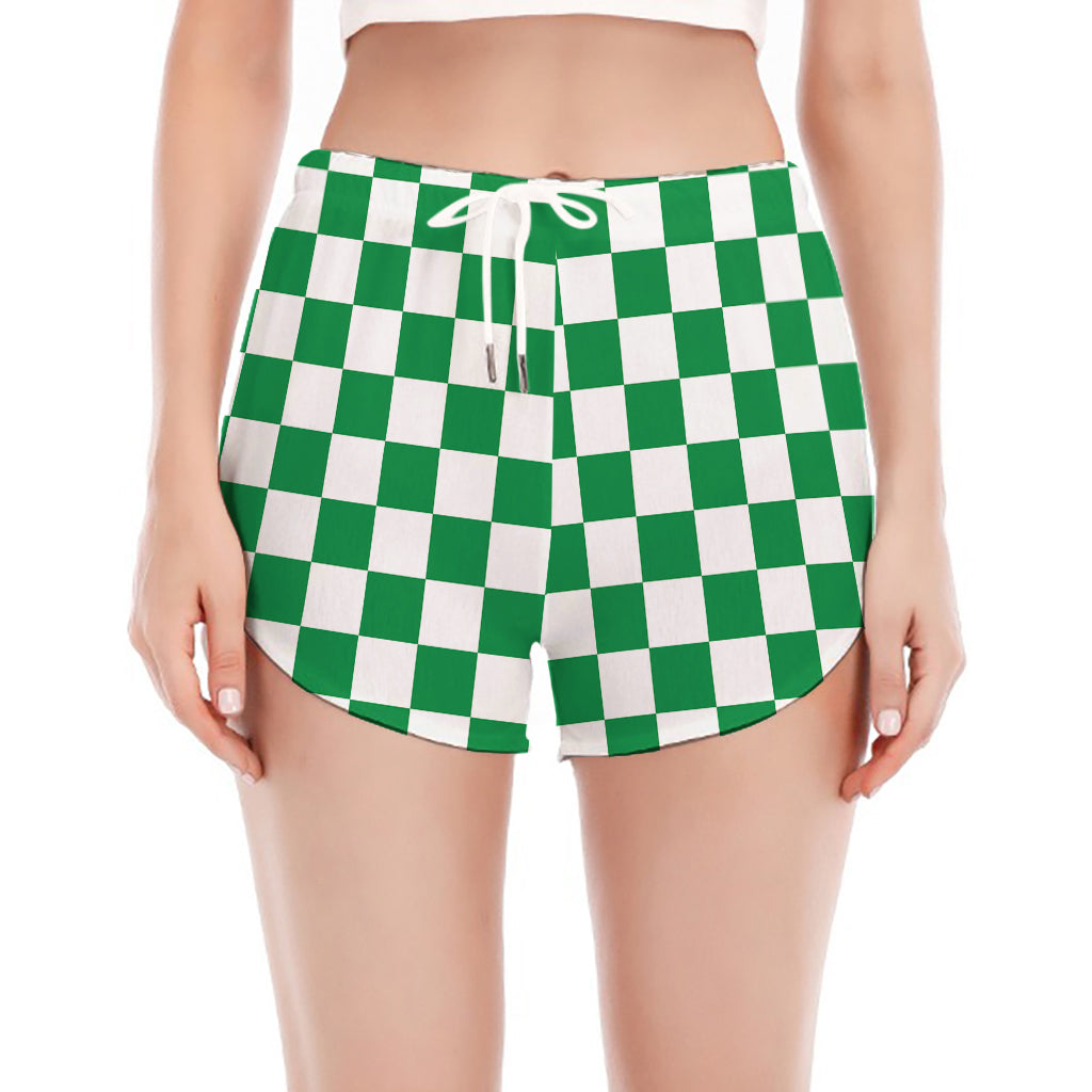 Green And White Checkered Pattern Print Women's Split Running Shorts