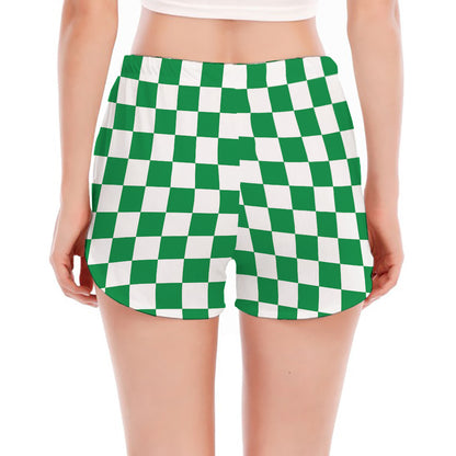 Green And White Checkered Pattern Print Women's Split Running Shorts
