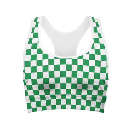 Green And White Checkered Pattern Print Women's Sports Bra