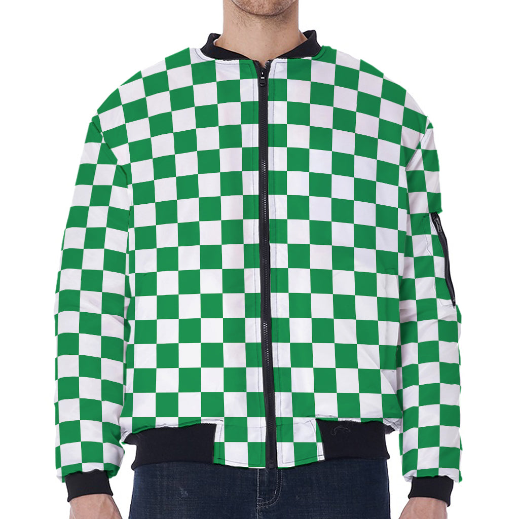 Green And White Checkered Pattern Print Zip Sleeve Bomber Jacket