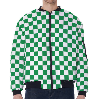 Green And White Checkered Pattern Print Zip Sleeve Bomber Jacket