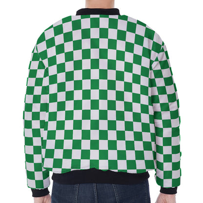 Green And White Checkered Pattern Print Zip Sleeve Bomber Jacket