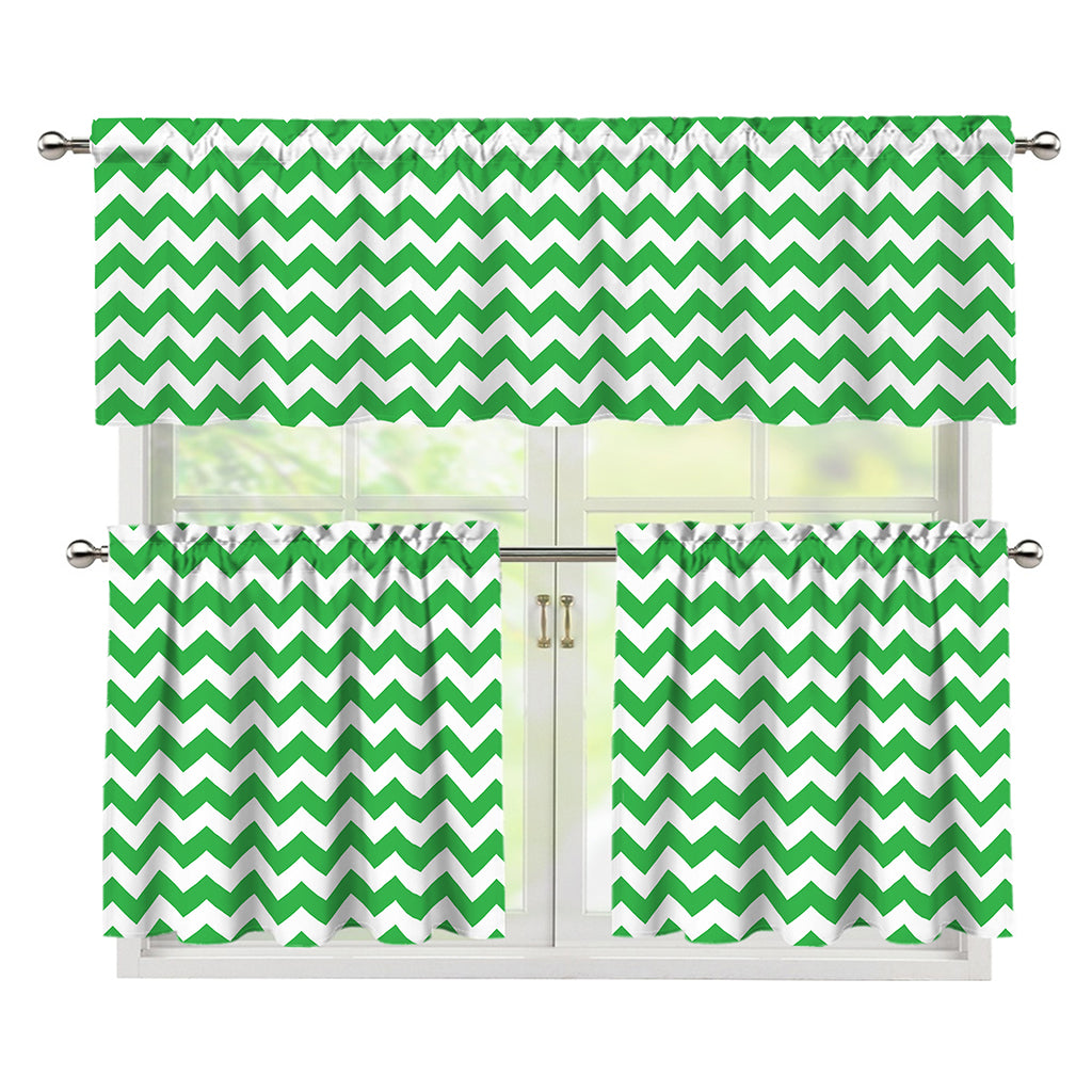 Green And White Chevron Pattern Print 3 Piece Kitchen Curtains