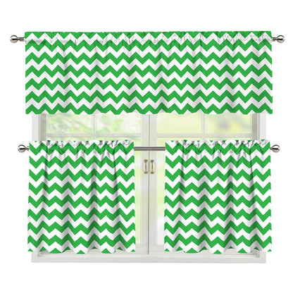 Green And White Chevron Pattern Print 3 Piece Kitchen Curtains